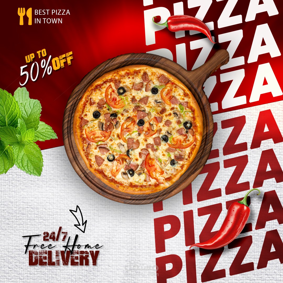 تصميم إعلان ترويجي لمطعم بيتزا لوسائل التواصل الاجتماعي