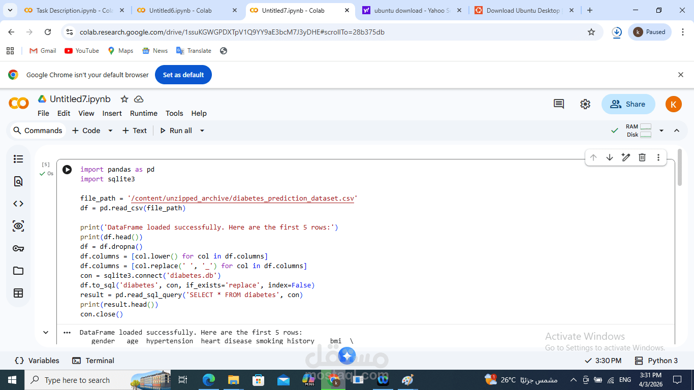 تنفيذ خط انابيب ETL متكامل لمعالجة بيانات مرض السكري و بناء نموذج تنبؤ