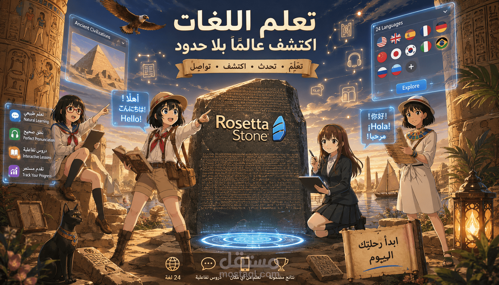 عرض باوربوينت تعليمي عن أهمية حجر رشيد باستخدام الذكاء الاصطناعي