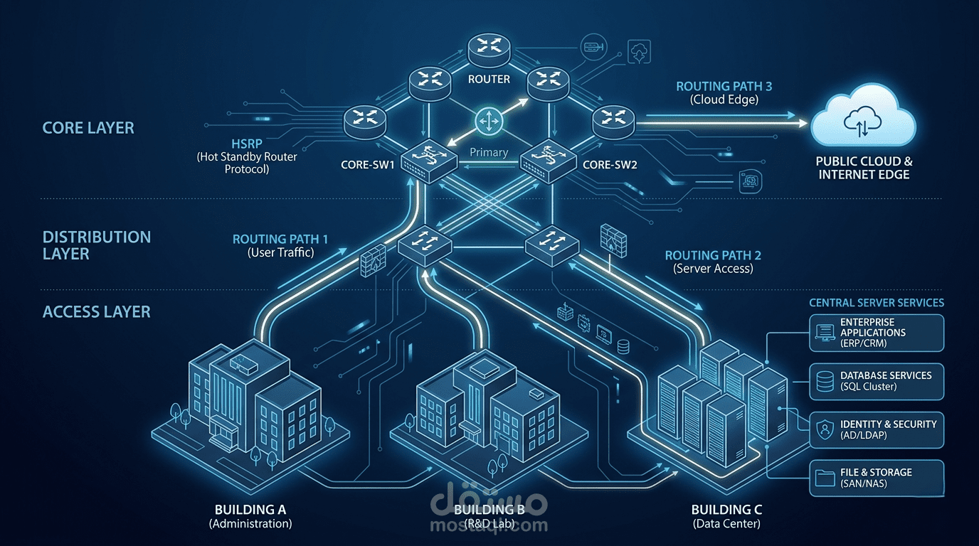 تصميم شبكة احترافية Multi-Building مع DHCP وDNS وHSRP