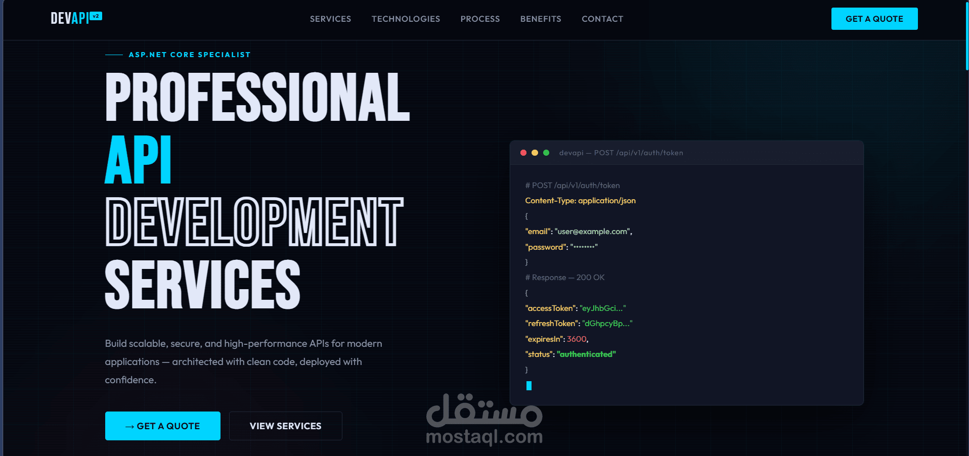 Landing Page لخدمات تطوير REST APIs