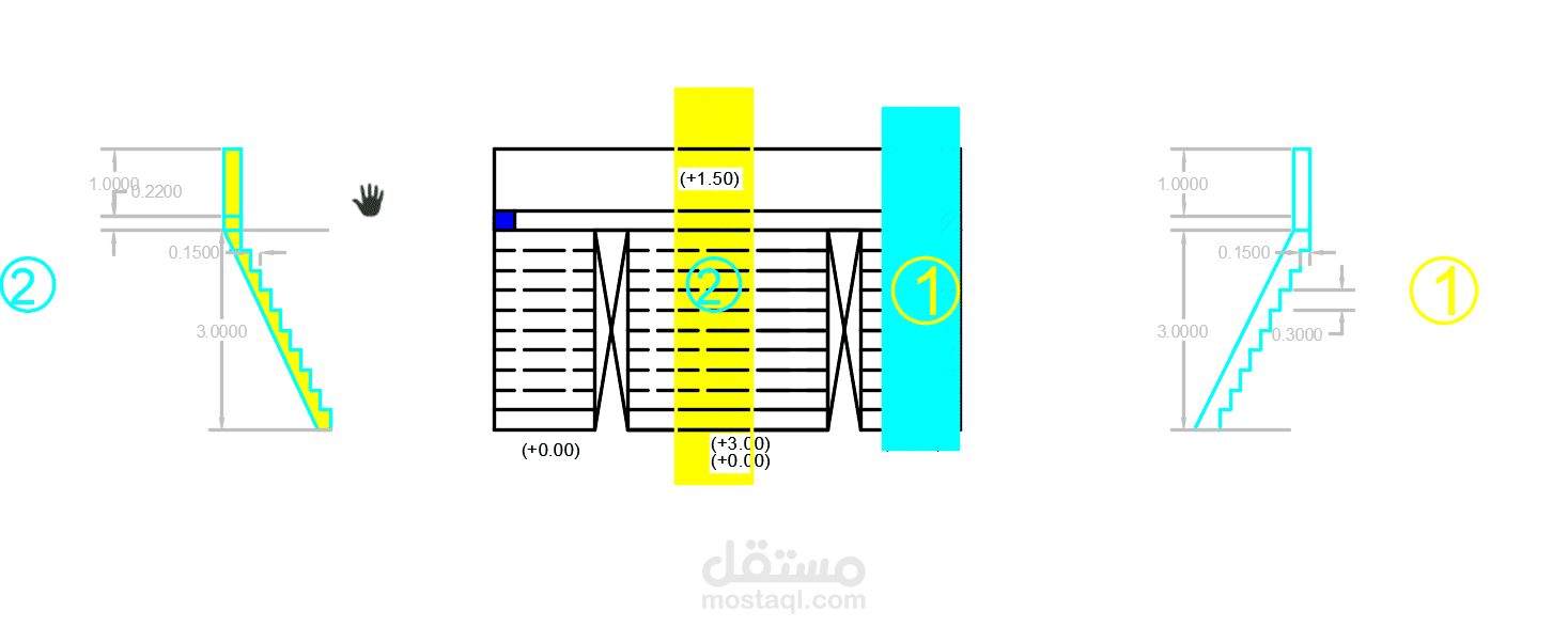 رسم قطاع تفصيلي لسلم خرساني وتحديد المناسيب والأبعاد (AutoCAD)