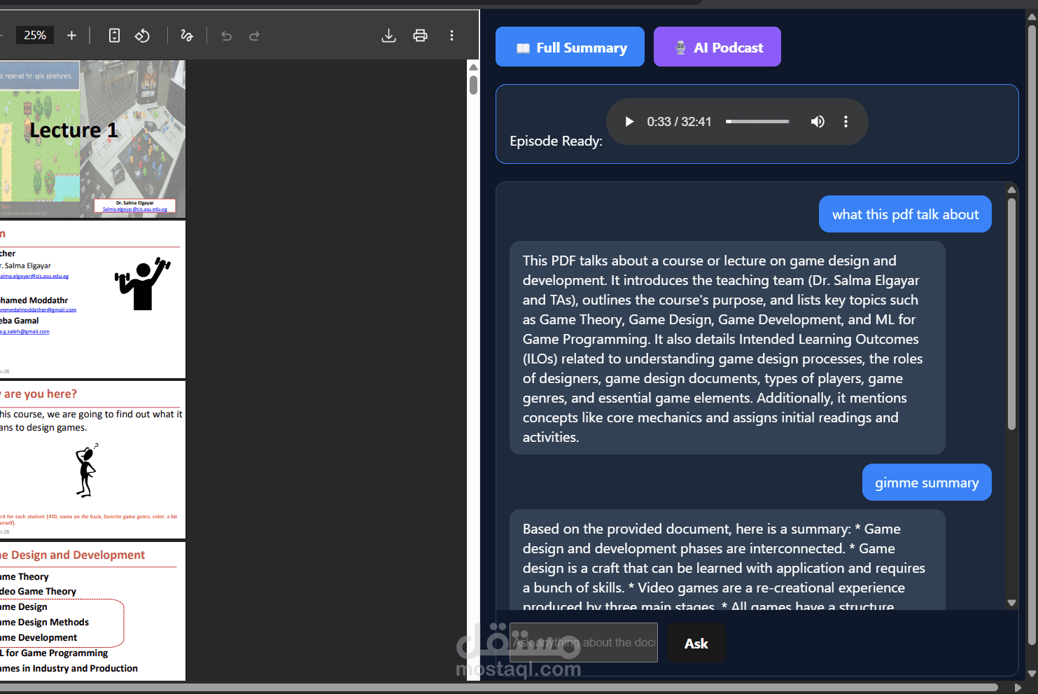 منصة تعليمية ذكية (AI Education Platform) مدعومة بتقنيات الـ RAG وتحويل النصوص لبودكاست