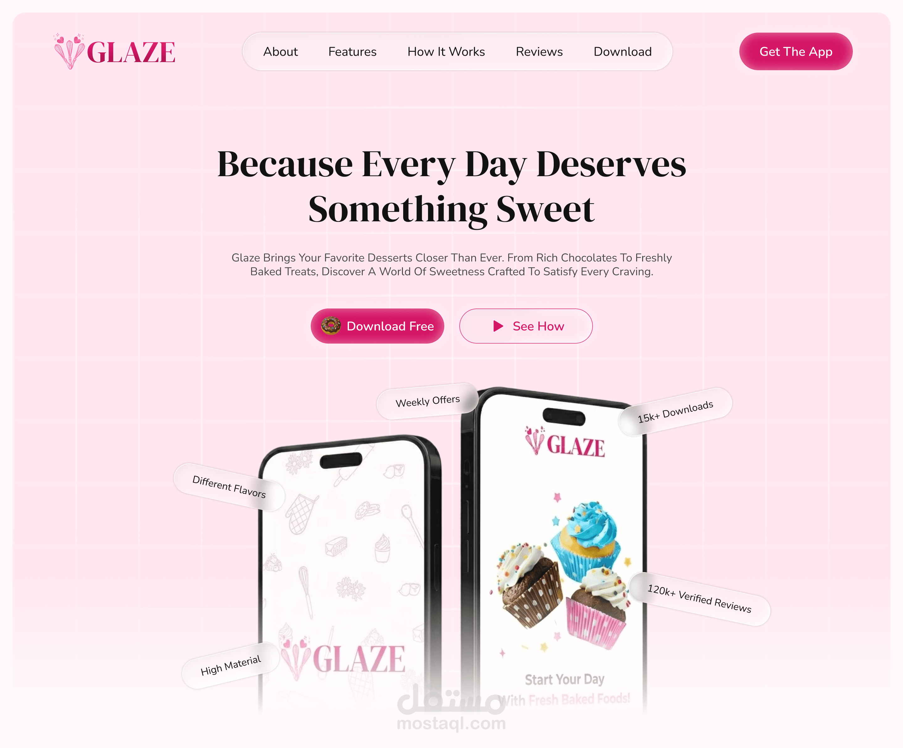 تصميم واجهة هبوط (Landing Page) احترافية لتطبيق الحلويات Glaze.