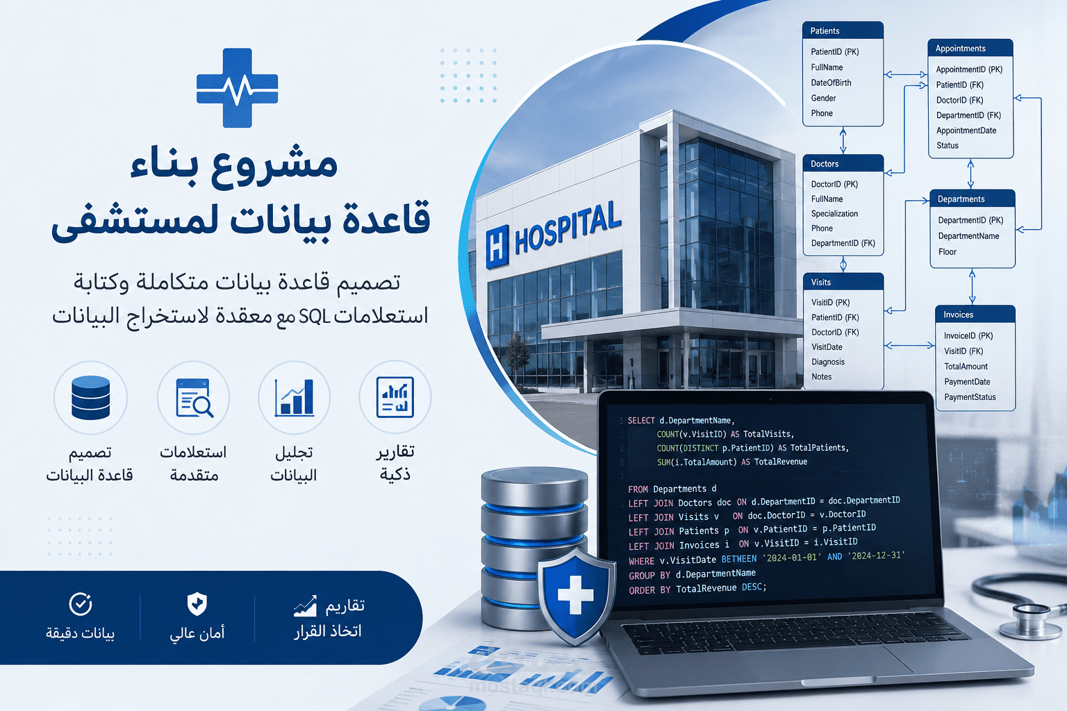 تصميم وبناء قاعدة بيانات لمستشفى وإعداد استعلامات تحليلية متقدمة باستخدام SQL