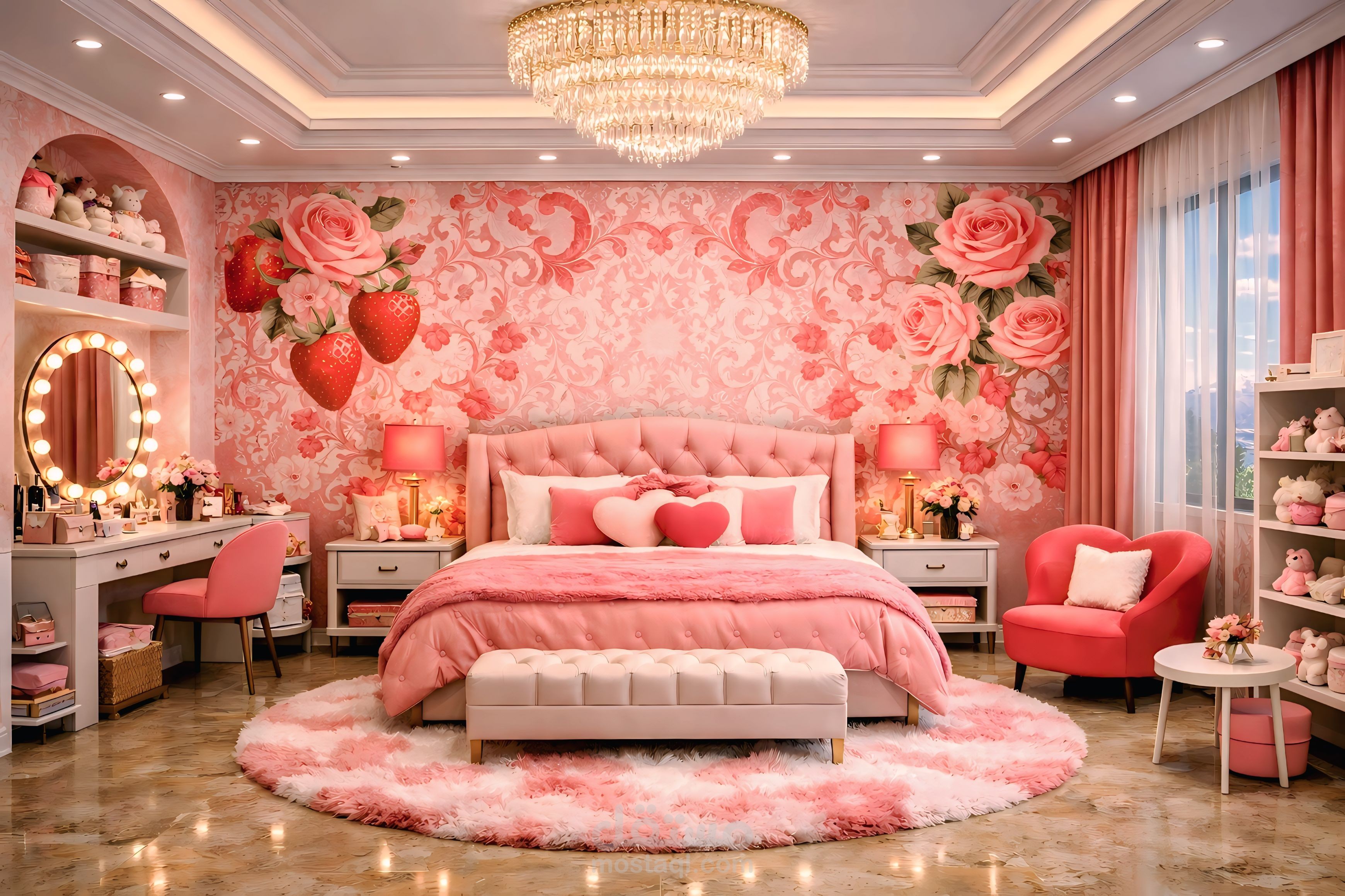 غرفة وردية حالمة ثنائية الأبعاد