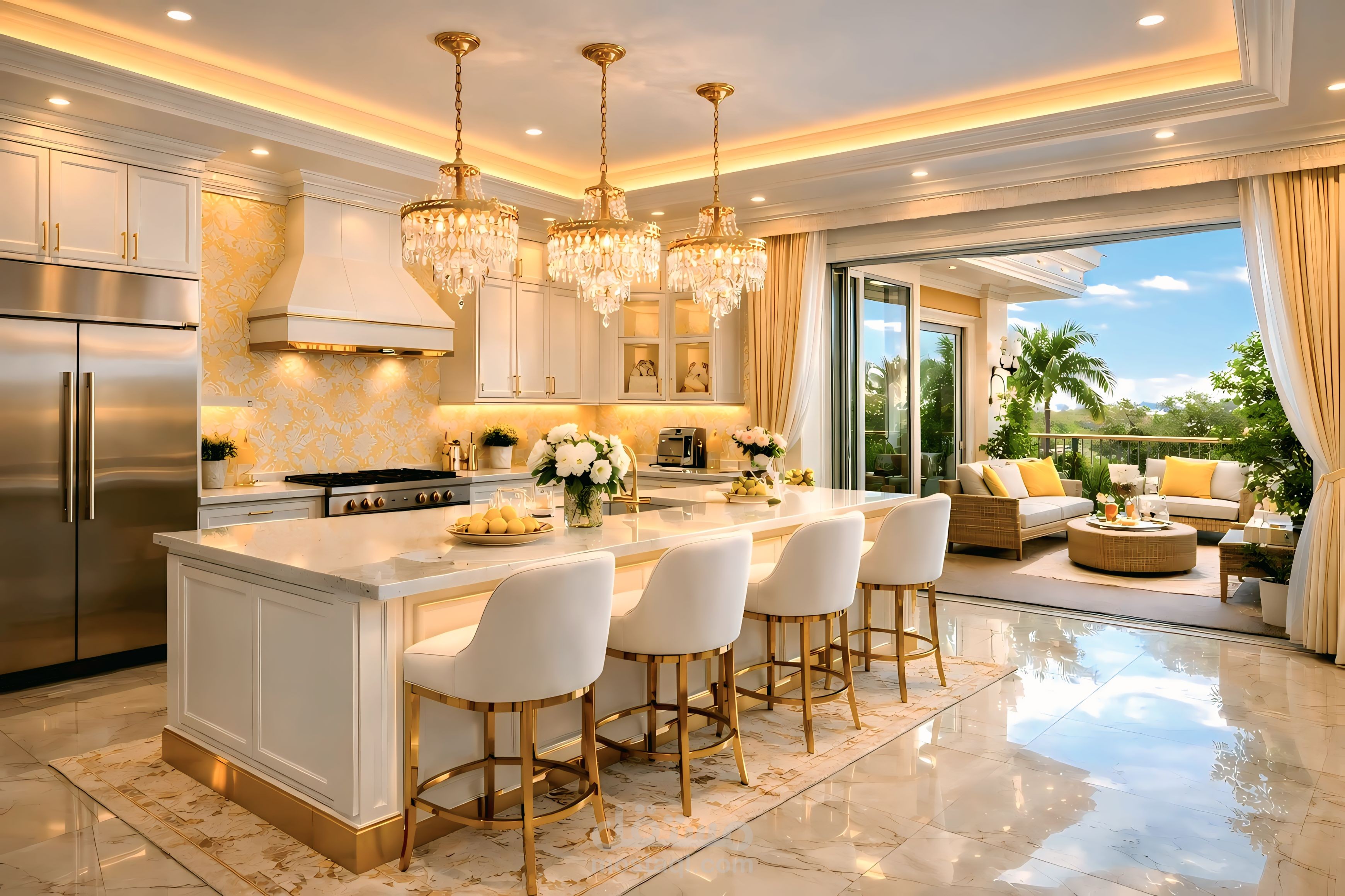 مطبخ ومعيشة فاخرة بإطلالة خارجية