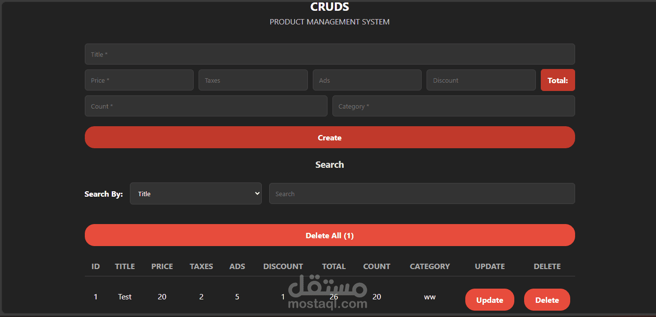 لوحة تحكم لإدارة المنتجات (CRUD)