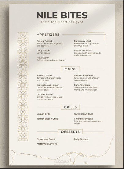 modern, elegant, and appetizing restaurant menu UI/UX design for a restaurant called Nile Bites