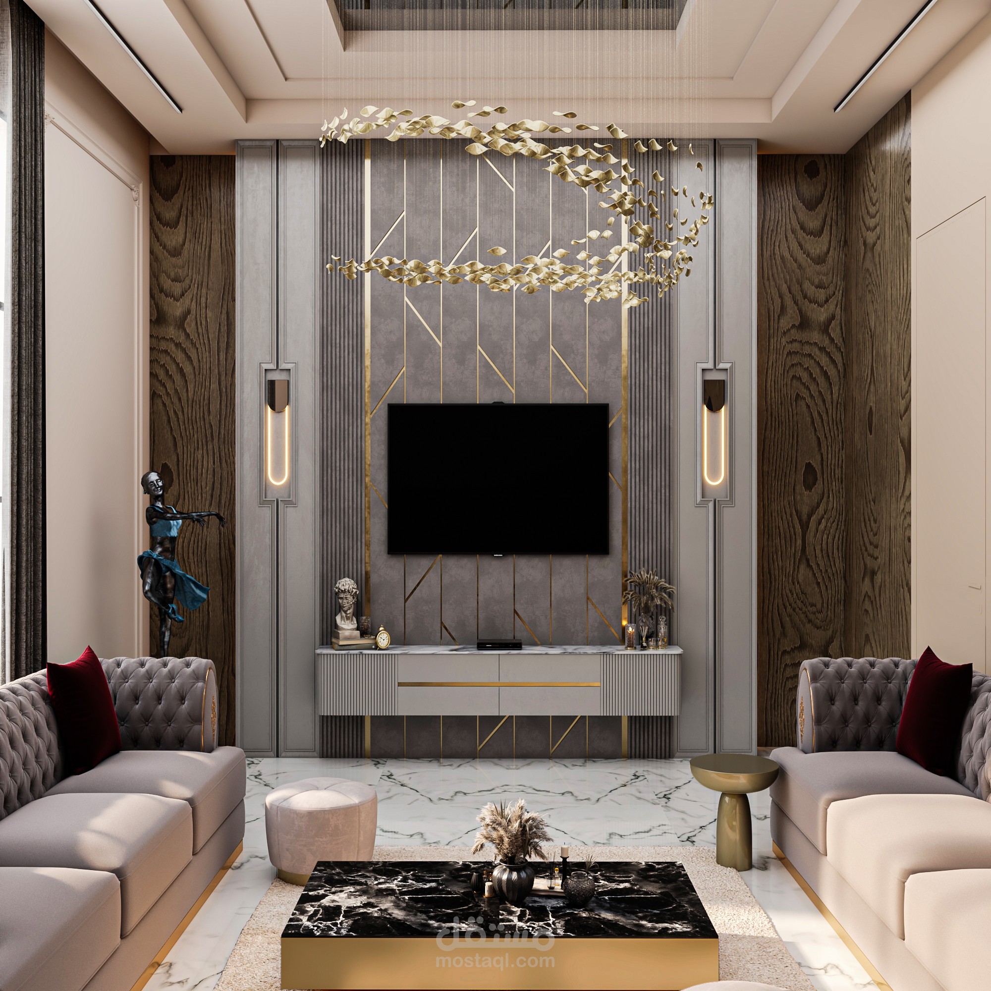 تصميم داخلي لغرفة معيشة فاخرة بنمط الـ Modern Luxury