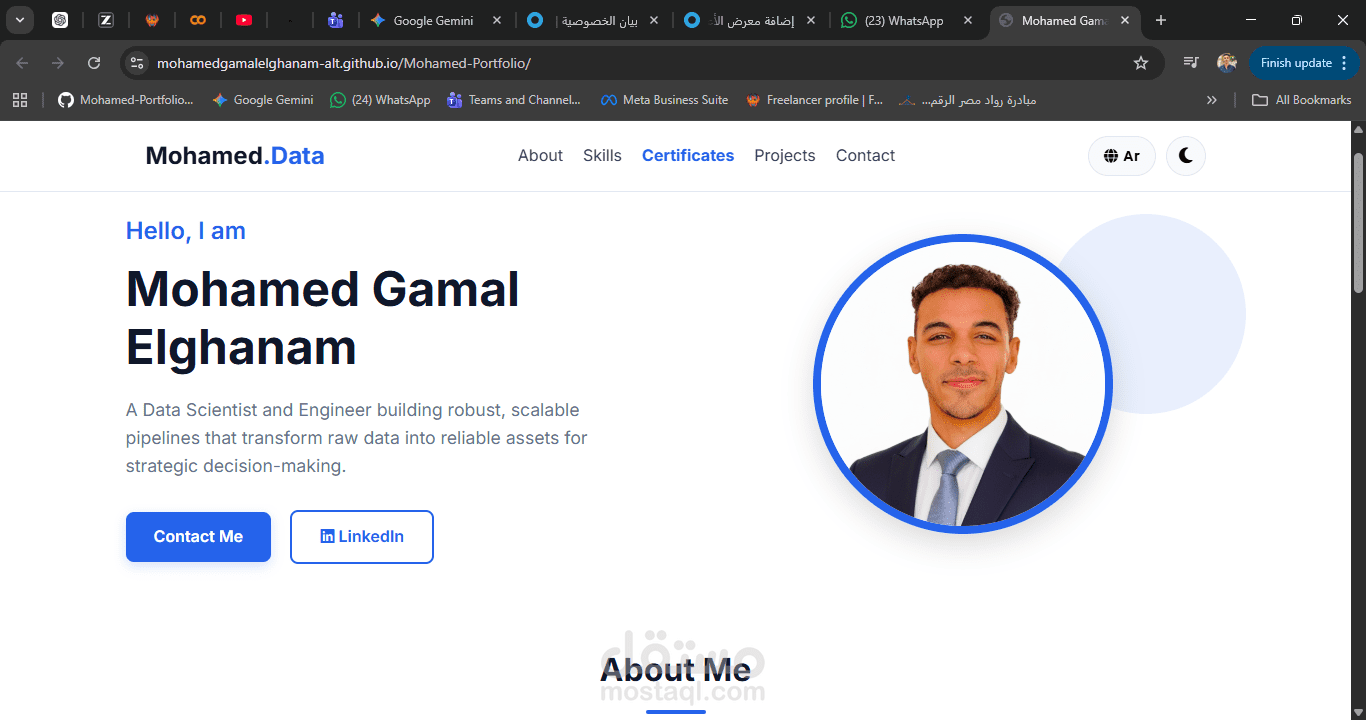 تصميم وتطوير موقع تعريفي احترافي (Portfolio) لمهندس بيانات.