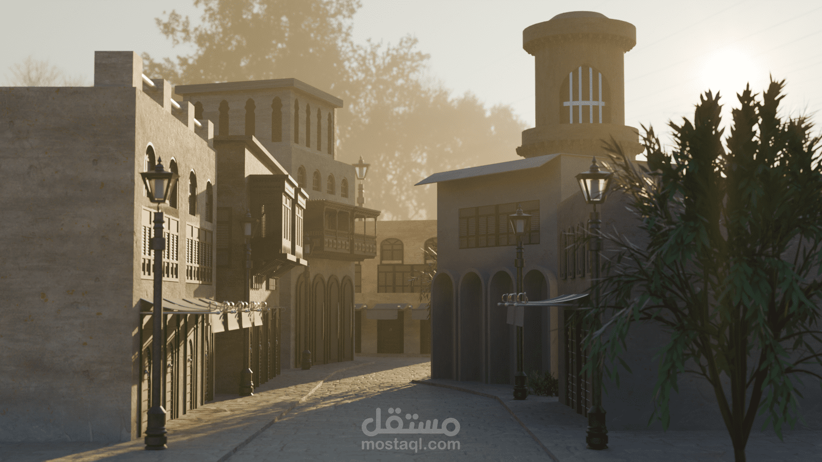 تصميم بيئة ثلاثية الأبعاد لشارع بطابع معماري عربي (إضاءة نهارية وليلية) باستخدام Blender