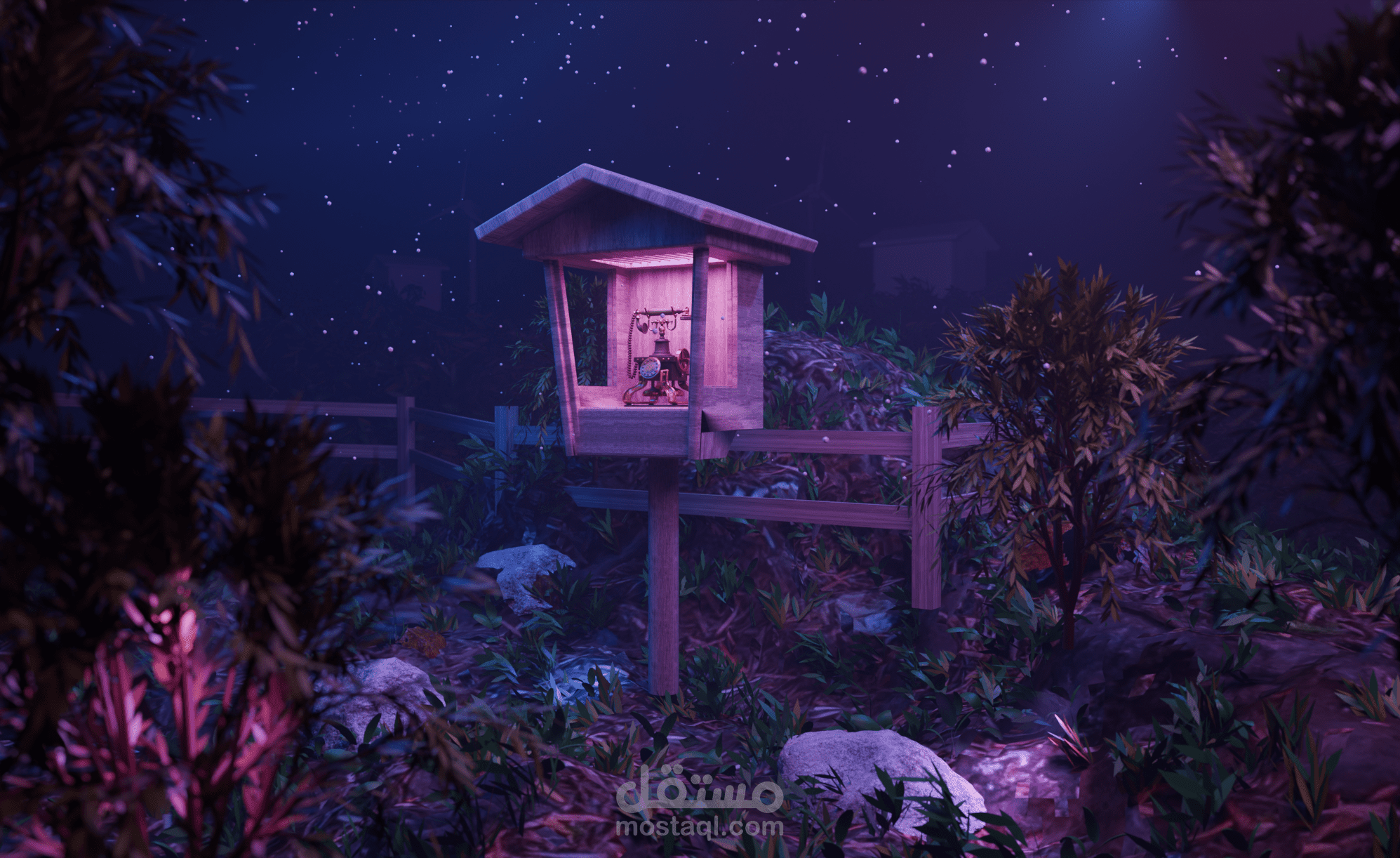تصميم 3D سينمائي (Concept Art): هاتف كلاسيكي في بيئة ليلية