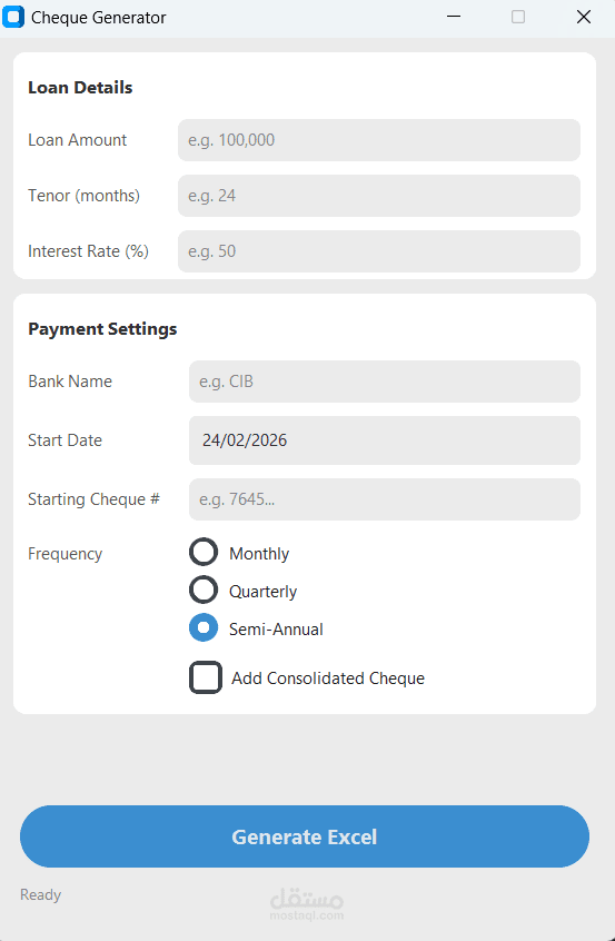 تطبيق مكتبي لإنشاء جدول شيكات بنكية تلقائيًا مع هيكل تمويلي احترافي