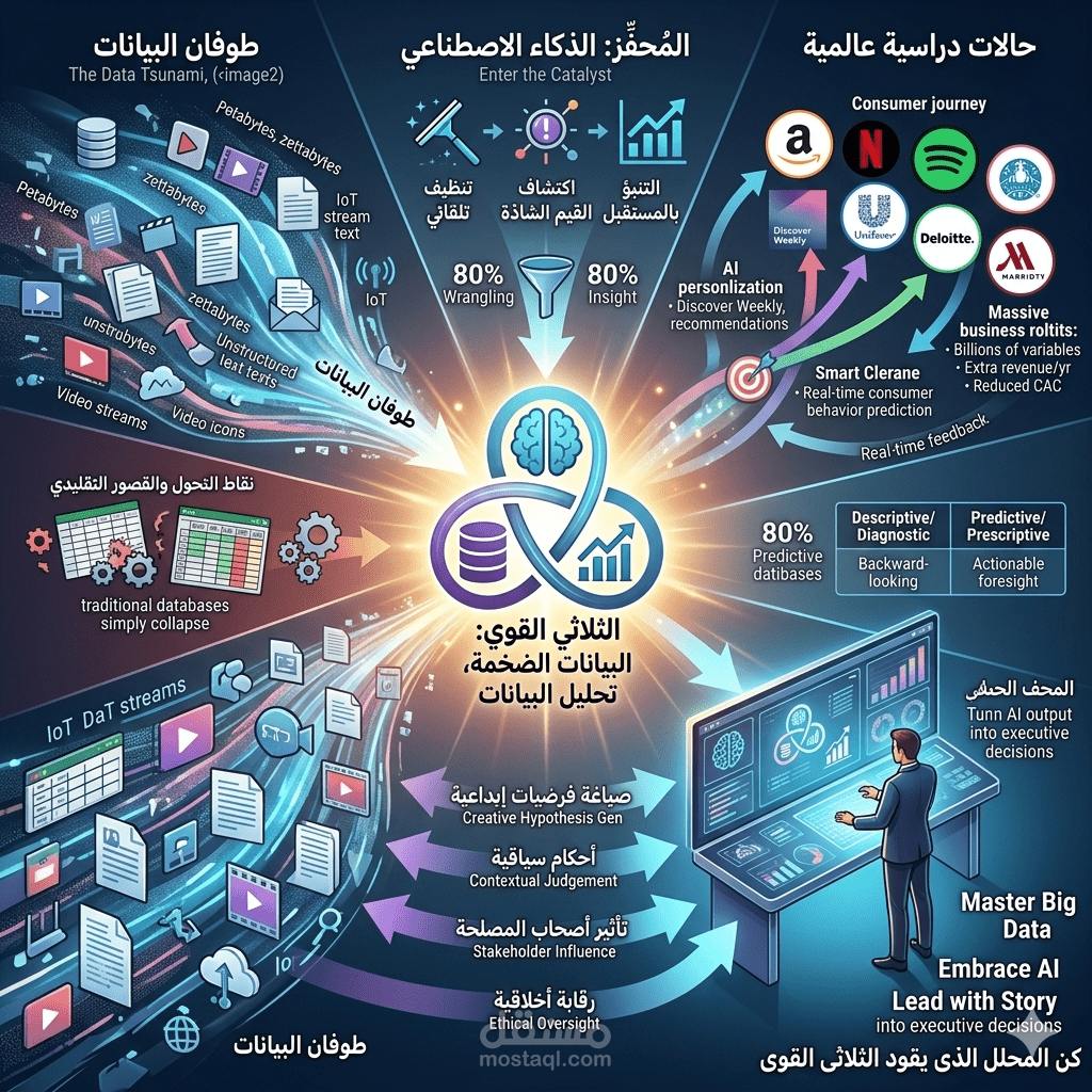الثلاثي القوي: كيف يعيد الذكاء الاصطناعي والبيانات الضخمة تشكيل مستقبل تحليل البيانات (عرض تقديمي استراتيجي The Power Trio)