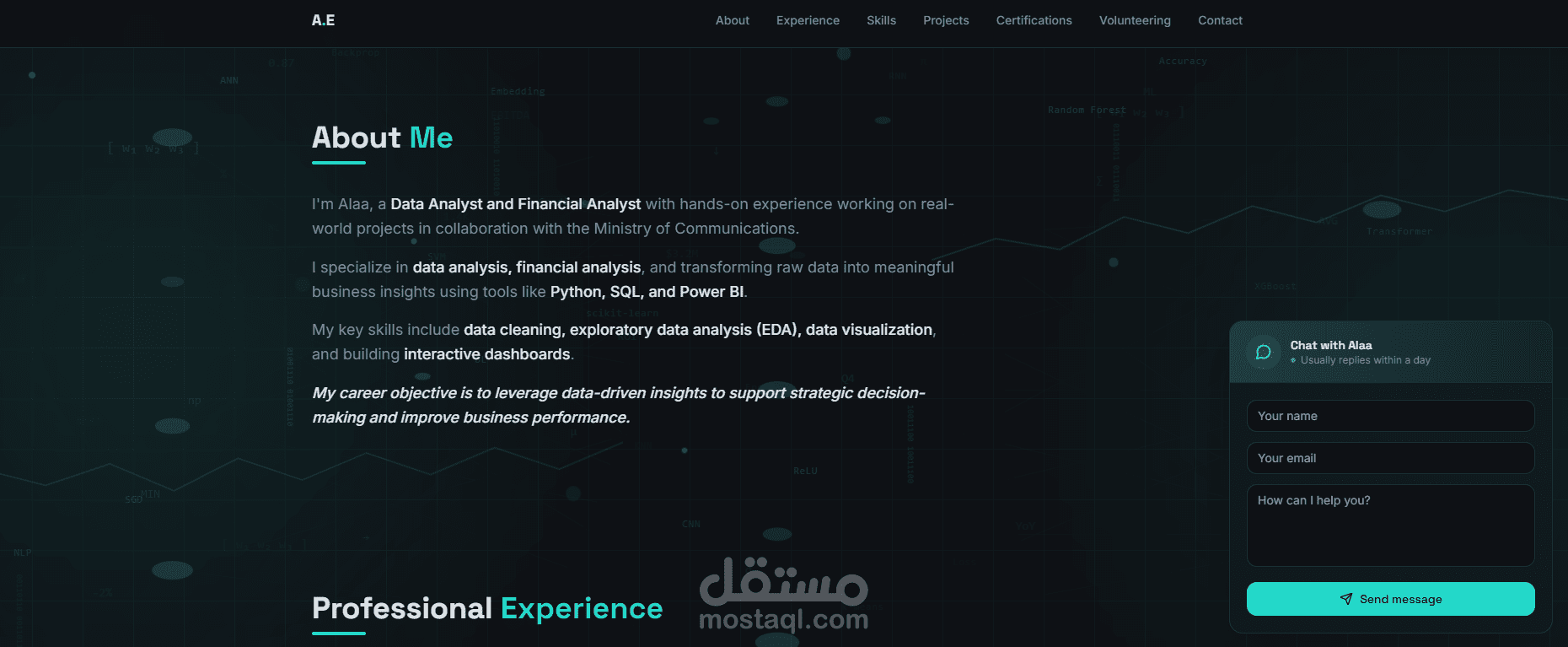 تصميم وتطوير موقع Portfolio احترافي لعرض الخبرات والمهارات والمشاريع في مجال تحليل البيانات والتحليل المالي.