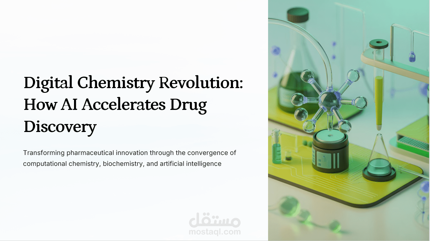 تصميم عرض تقديمي احترافي عن الذكاء الاصطناعي في اكتشاف الأدوية (AI in Drug Discovery)