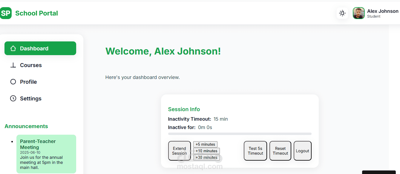 تصميم وتطوير لوحة تحكم تفاعلية متكاملة للطلاب (School Portal Dashboard)