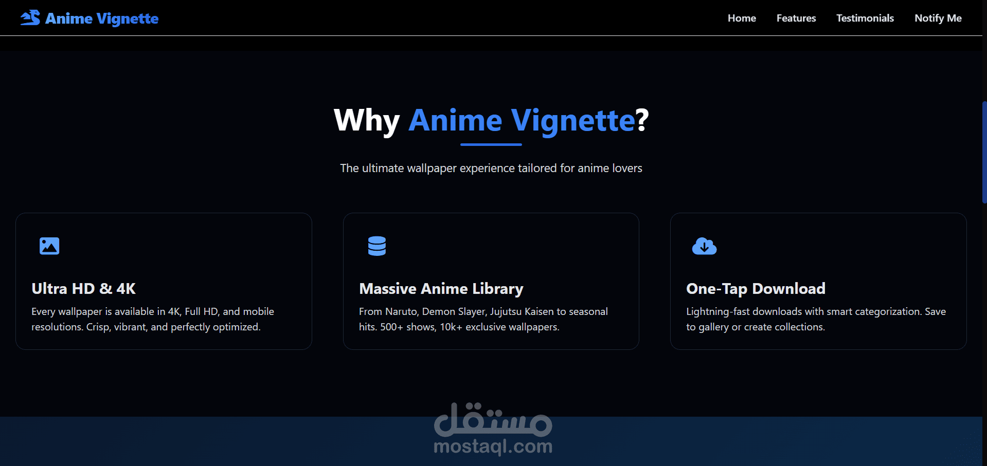 صفحة استقبال لتطبيق خلفيات انمي بدقة عالية موجه لمحبي الانمي