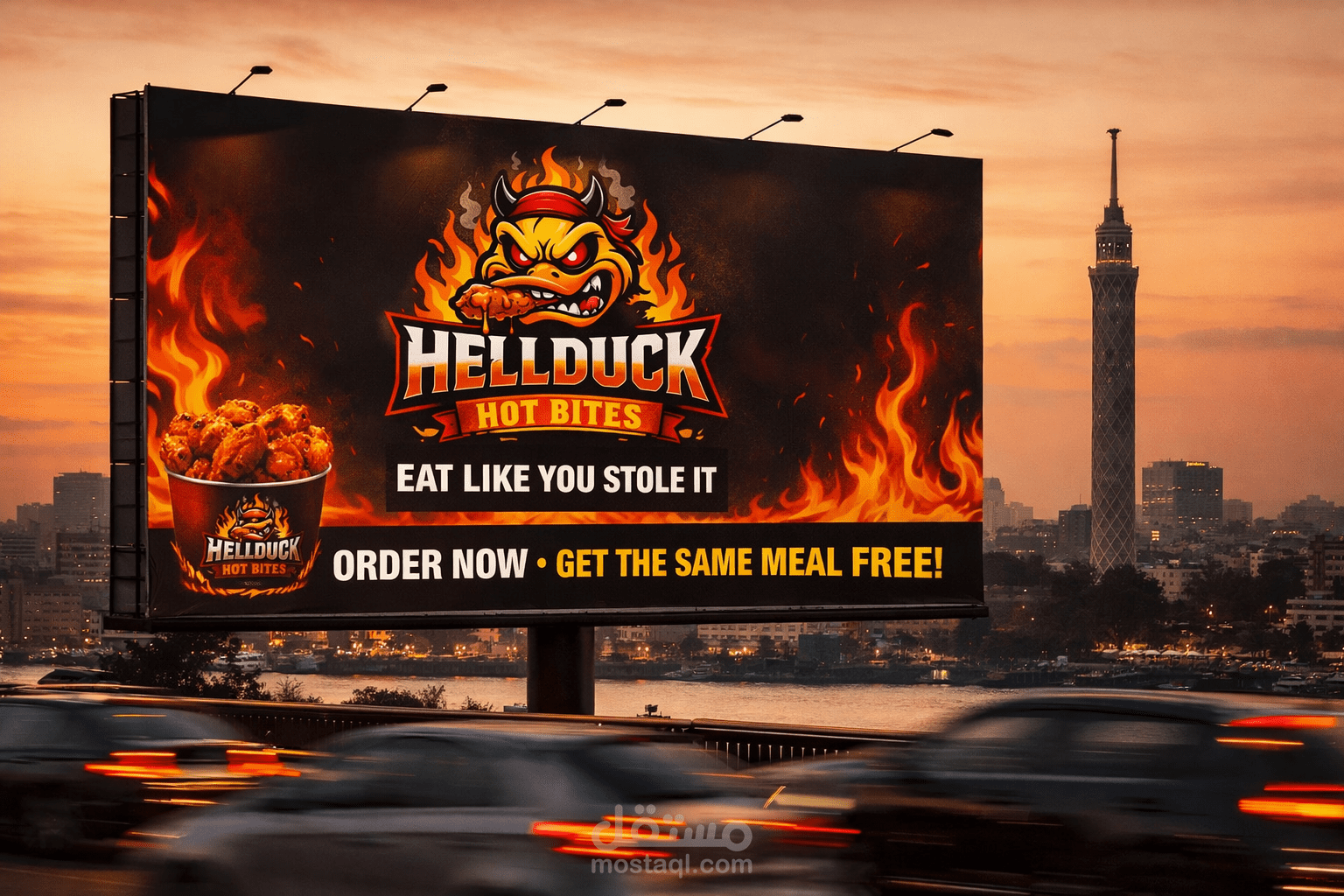 تصميم لوحة إعلانية خارجية (Billboard) لمطعم Hellduck Restaurant