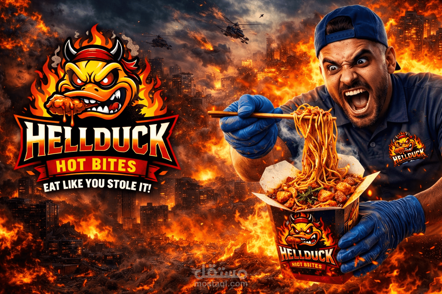 تصميم إعلان تسويقي إبداعي لمطعم Hellduck Restaurant – حملة Hot Bites