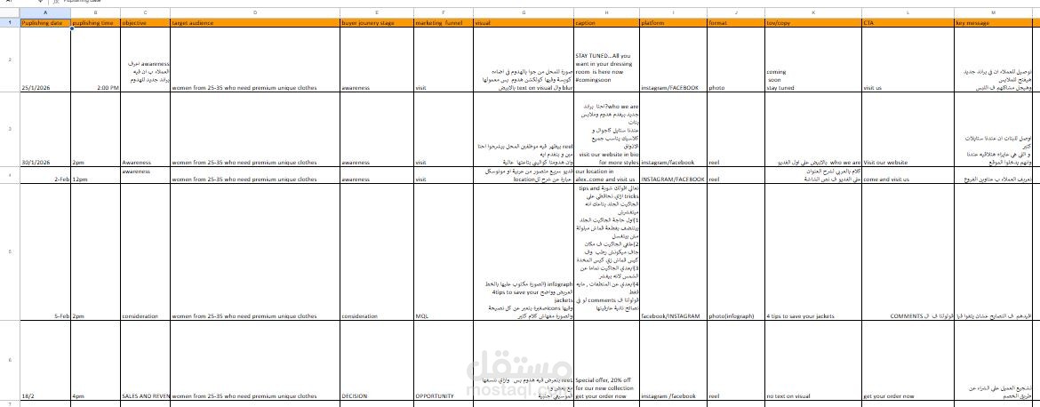 كتابة خطة محتوي content plan ل براند ملابس