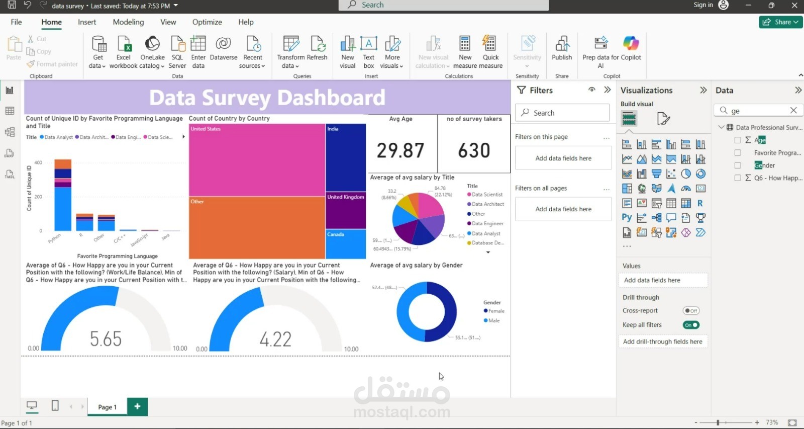 تصميم لوحة بيانات لتحليل استبيان البيانات باستخدام Microsoft Power BI