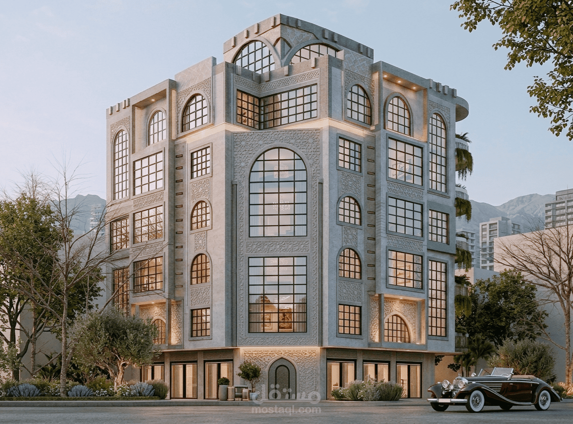 تصميم 3D لعمارة سكنية مكونة من خمس طوابق