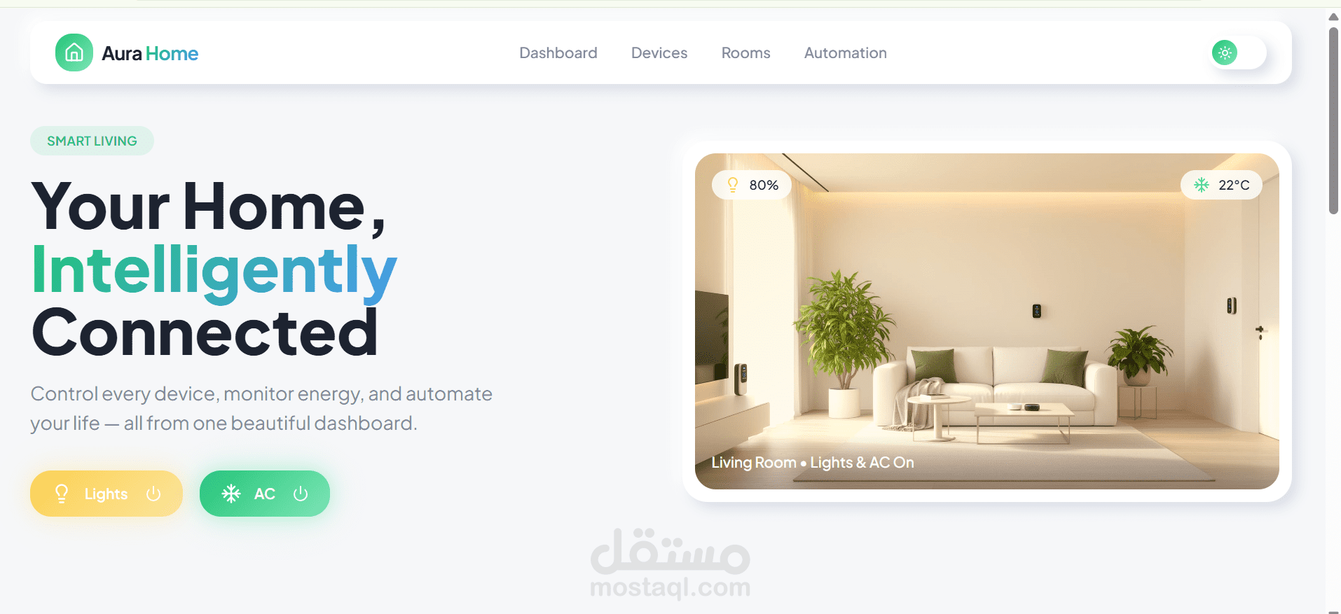لوحة تحكم Aura Home: واجهة منزل ذكي تفاعلية (Dashboard UX) مع ميزة الوضع الليلي