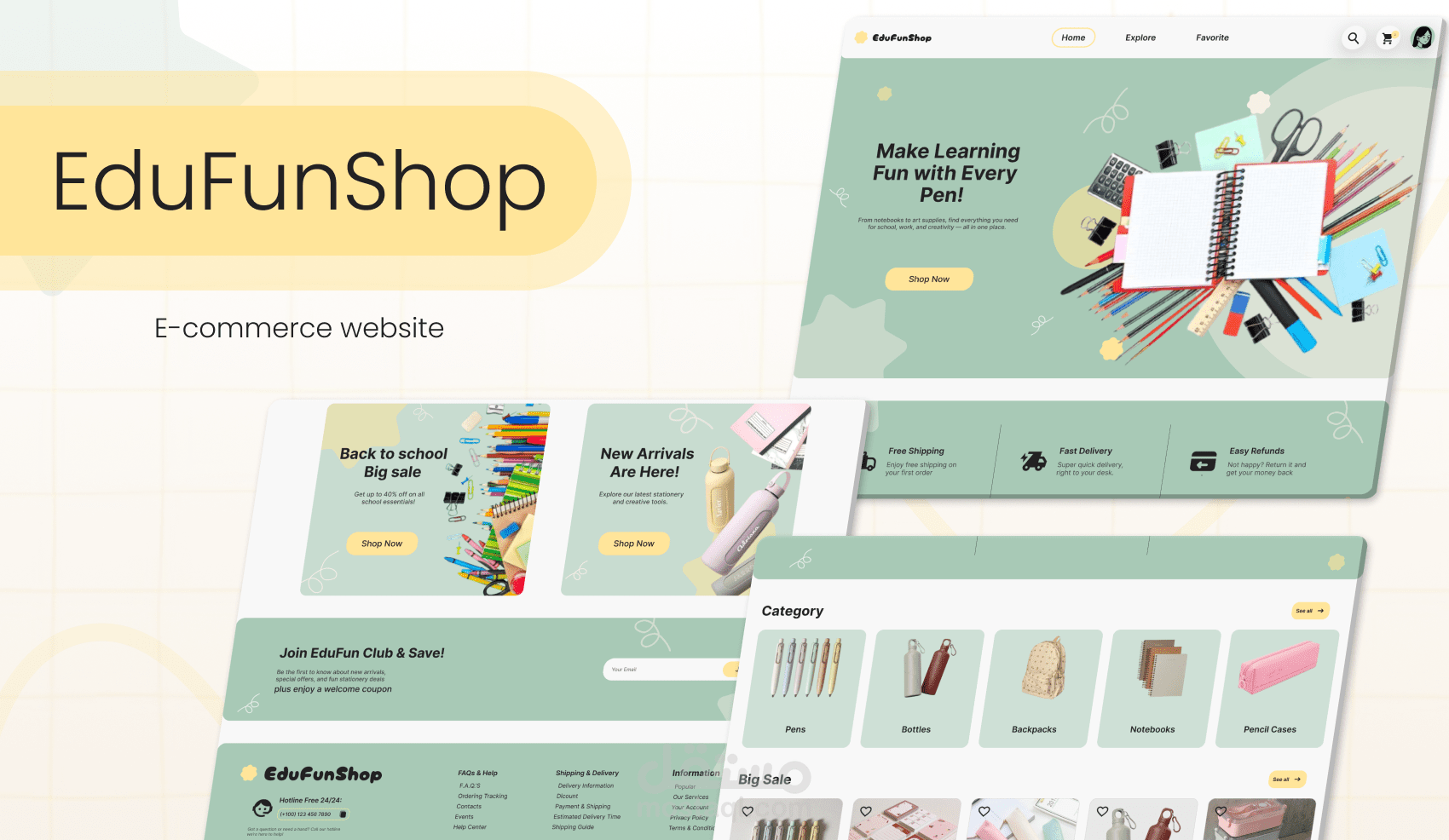 EduFun Shop | تصميم واجهة المستخدم لصفحة الهبوط خاصة بمتجر أدوات مكتبية