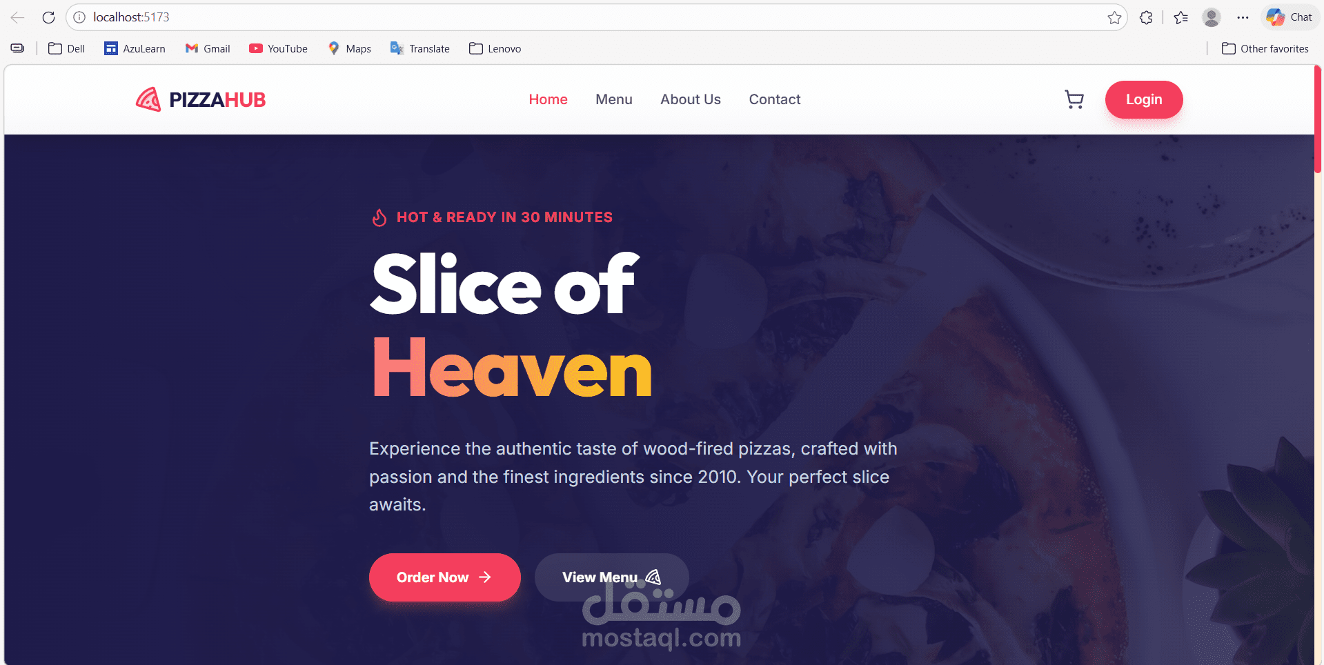 تصميم وتطوير موقع مطعم بيتزا باستخدام React وTailwind CSS وTypeScript.