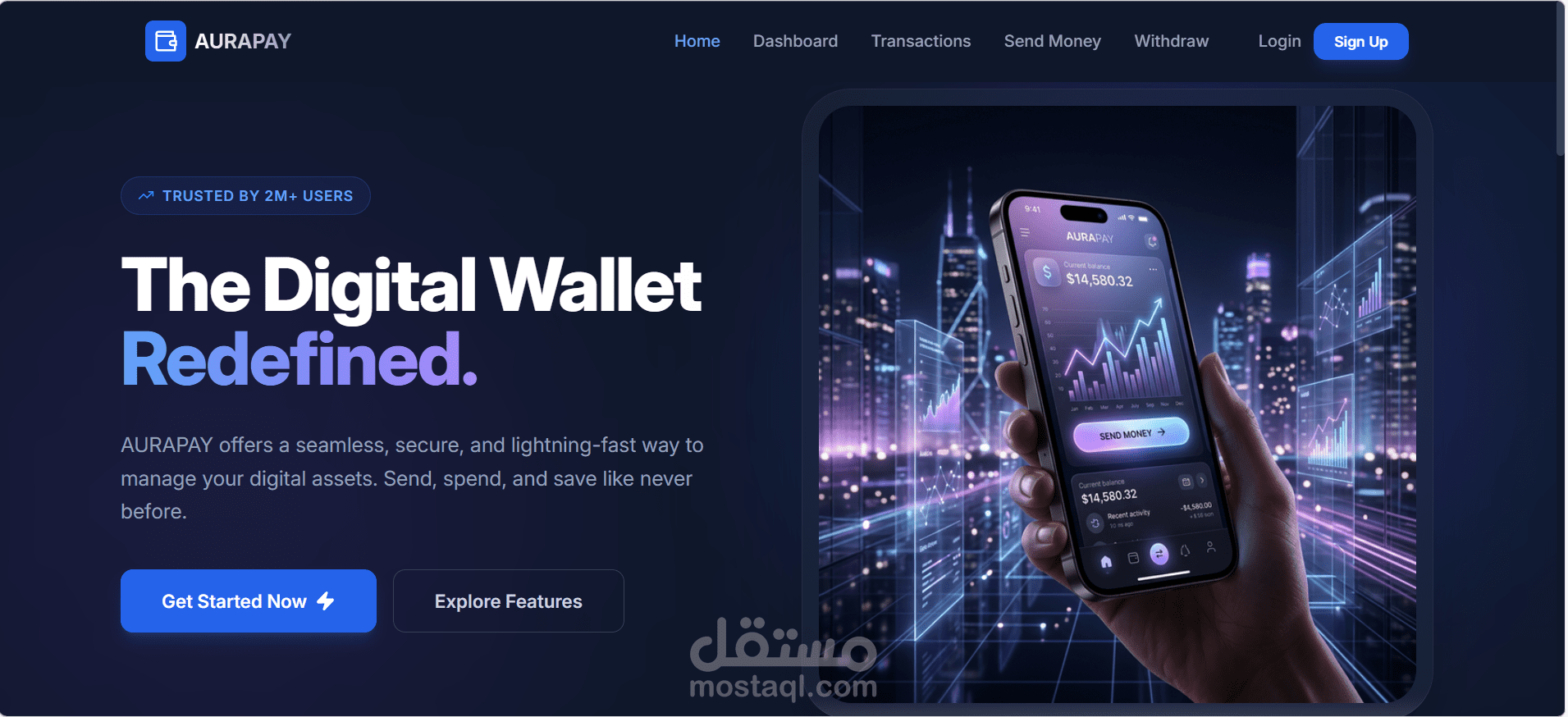 تطوير واجهة تطبيق محفظة رقمية AURAPAY باستخدام React وTailwind CSS وTypeScript