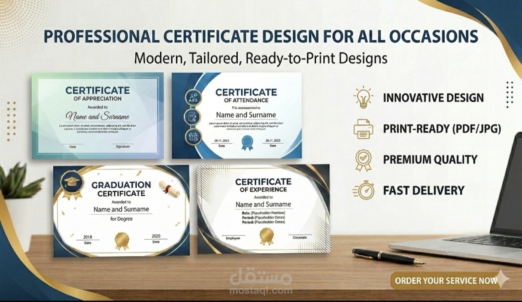 تصميم شهادات احترافية لجميع المناسبات (حضور، تخرج، خبرة، تقدير).
