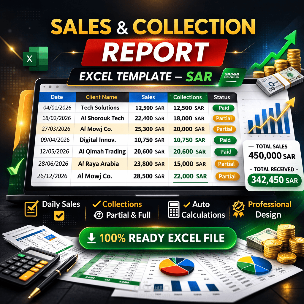 نموذج تقرير مبيعات وتحصيلات احترافي – Excel (ريال سعودي)