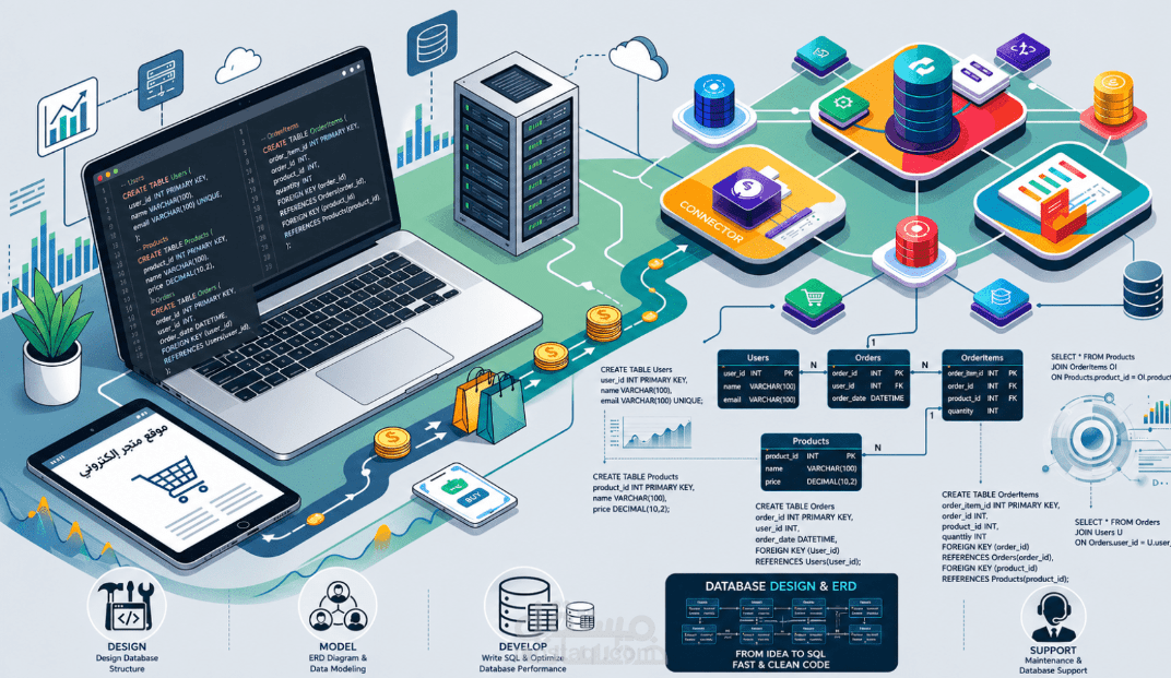 حل مشكلات استعلامات SQL وتصميم مخططات العلاقات ERD بدقة