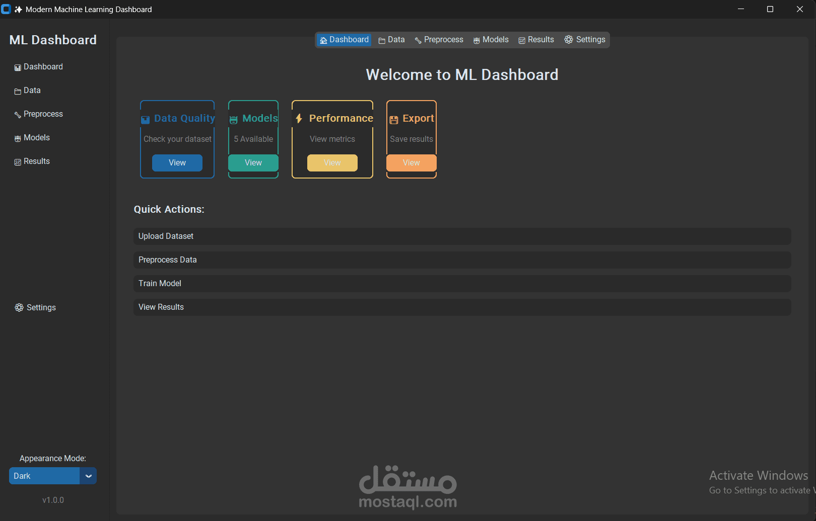 لوحة تحكم ذكية لإدارة نماذج تعلم الآلة (ML Dashboard) بتصميم عصري وآمن