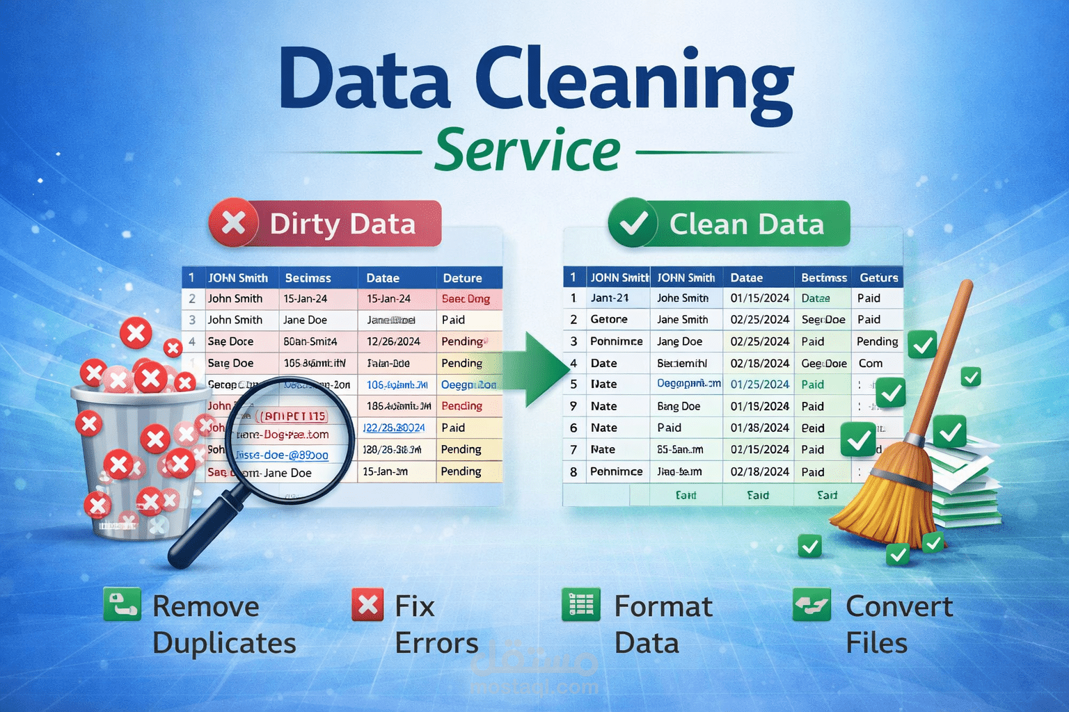 تنظيف البيانات باحترافية وتحويلها إلى بيانات دقيقة ومنظمة وجاهزة للاستخدام