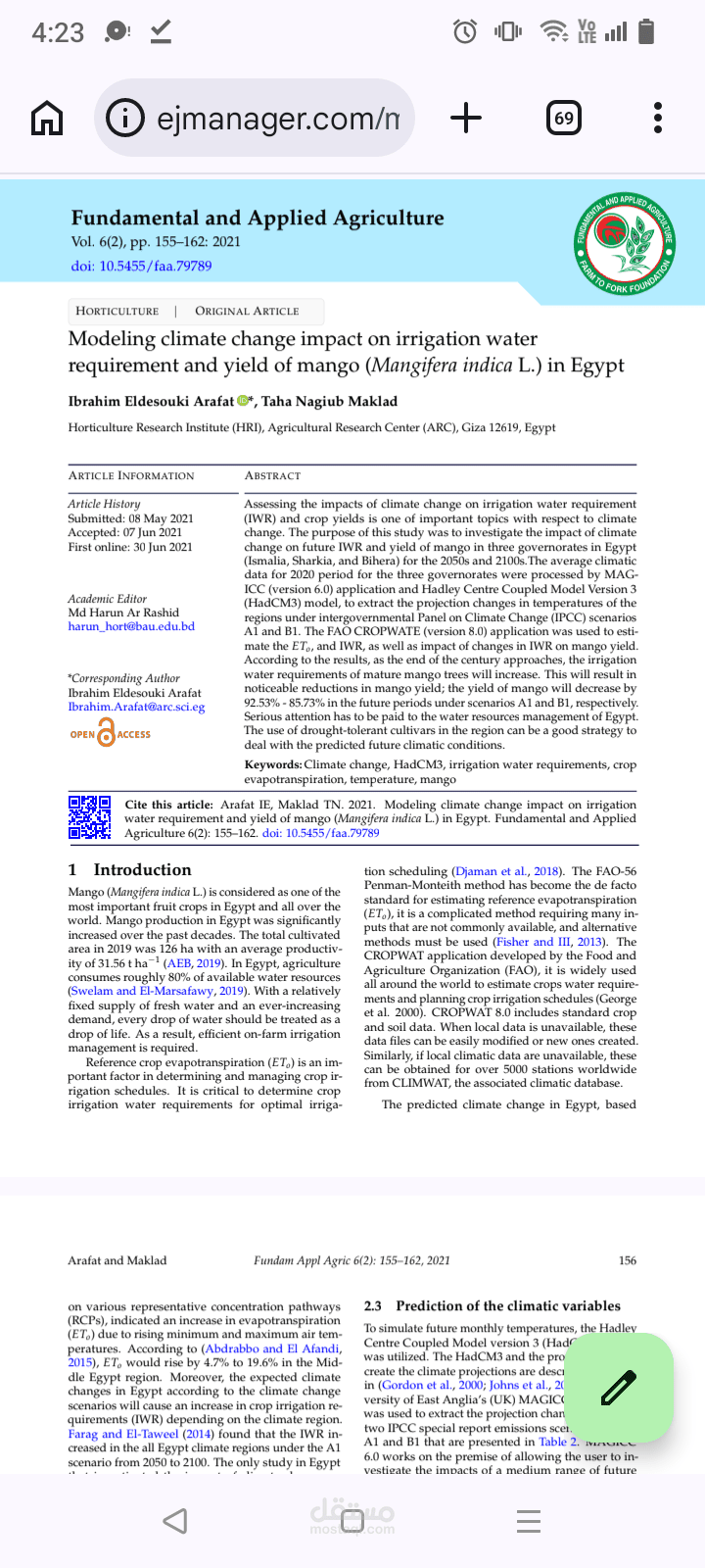 Modeling climate change impact on irrigation water requirement and yield of mango (Mangifera indica L.) in Egypt