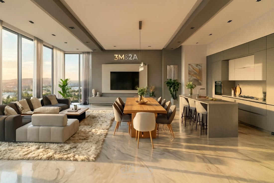 تنسيق مساحات مفتوحة (Open Plan) بنمط المودرن الدافئ والأنيق