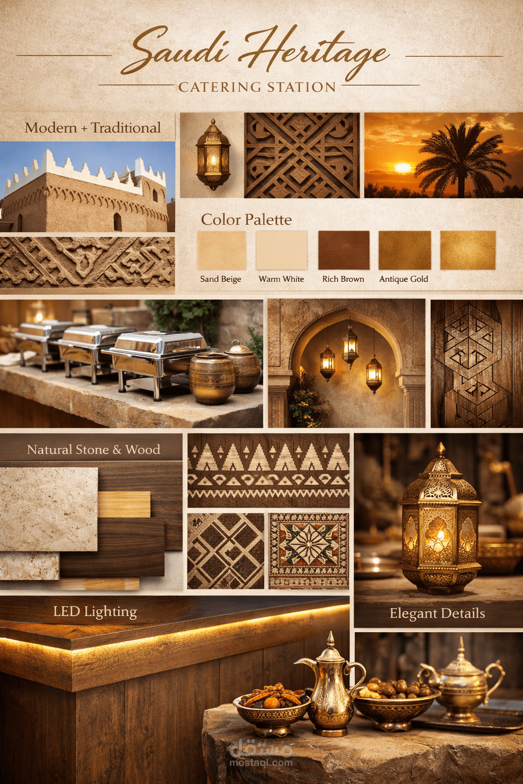 "تصميم ركن ضيافة (Catering Station) يدمج بين الهوية السعودية والحداثة - ملف تنفيذي كامل"