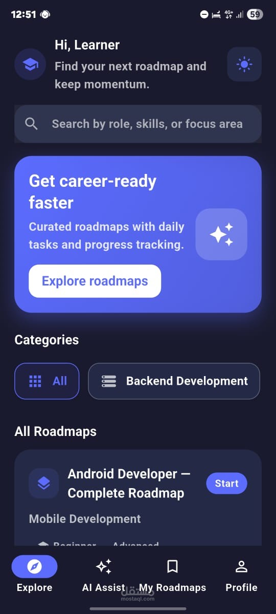 تطبيق Roadmaply هو تطبيق موبايل مطور بـ Flutter لتنظيم مسارات التعلم ومتابعة التقدم بطريقة سهلة من خلال واجهة حديثة وتجربة مستخدم سلسة.