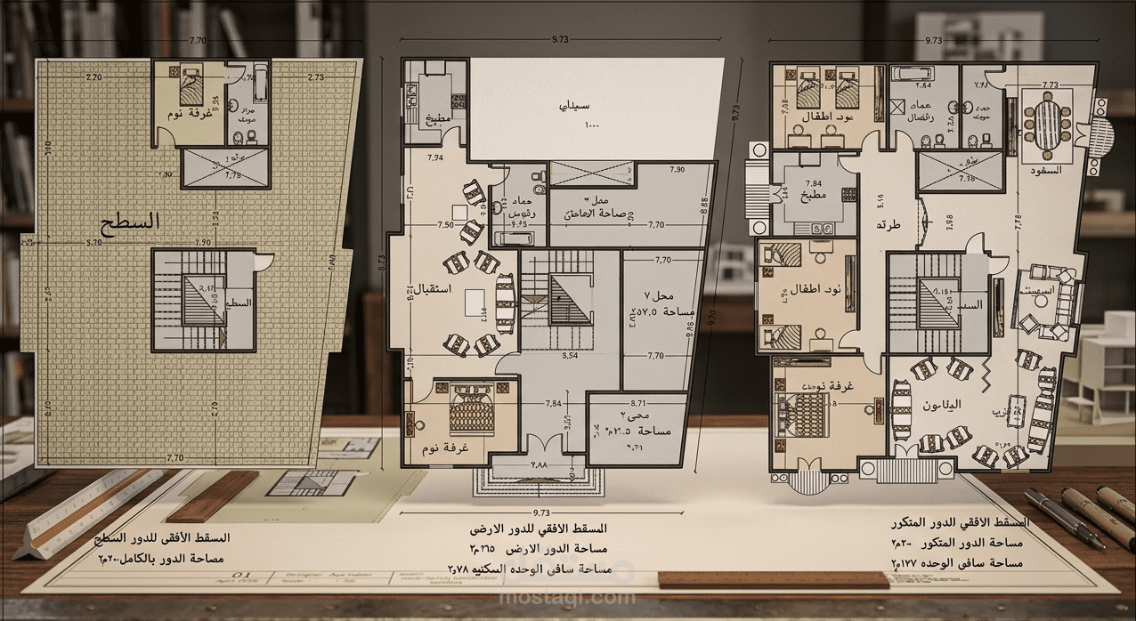 تصميم المساقط الأفقية لمبنى سكني تجاري