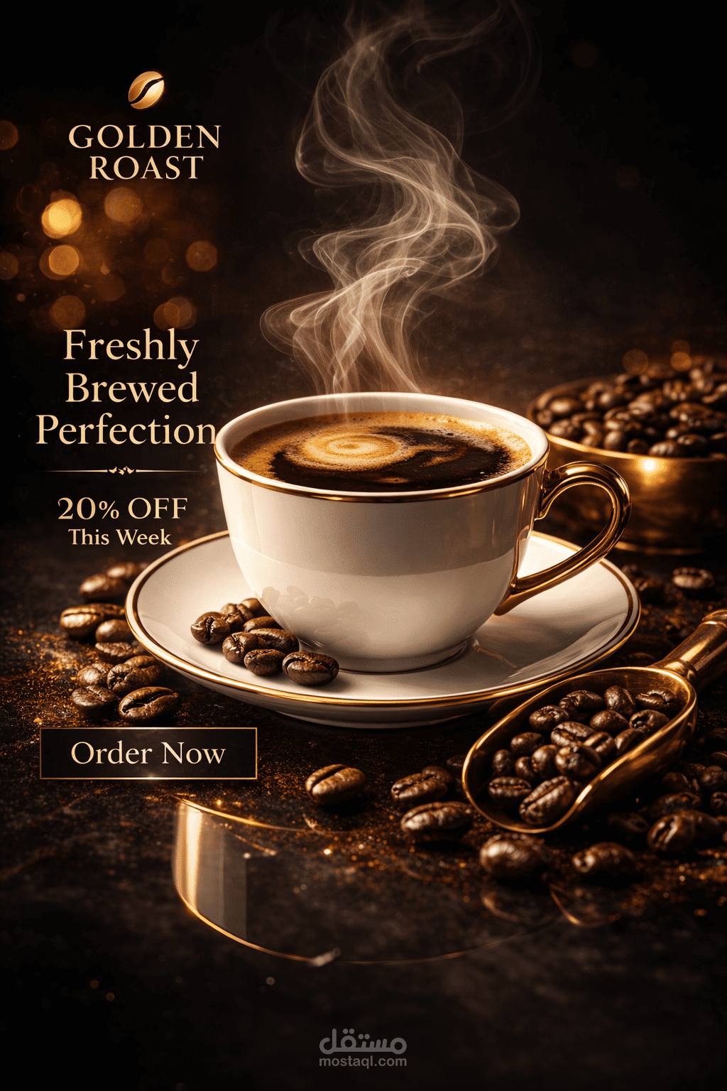 تصميم إعلان تسويقي لمشروب قهوة بأسلوب تجاري فاخر