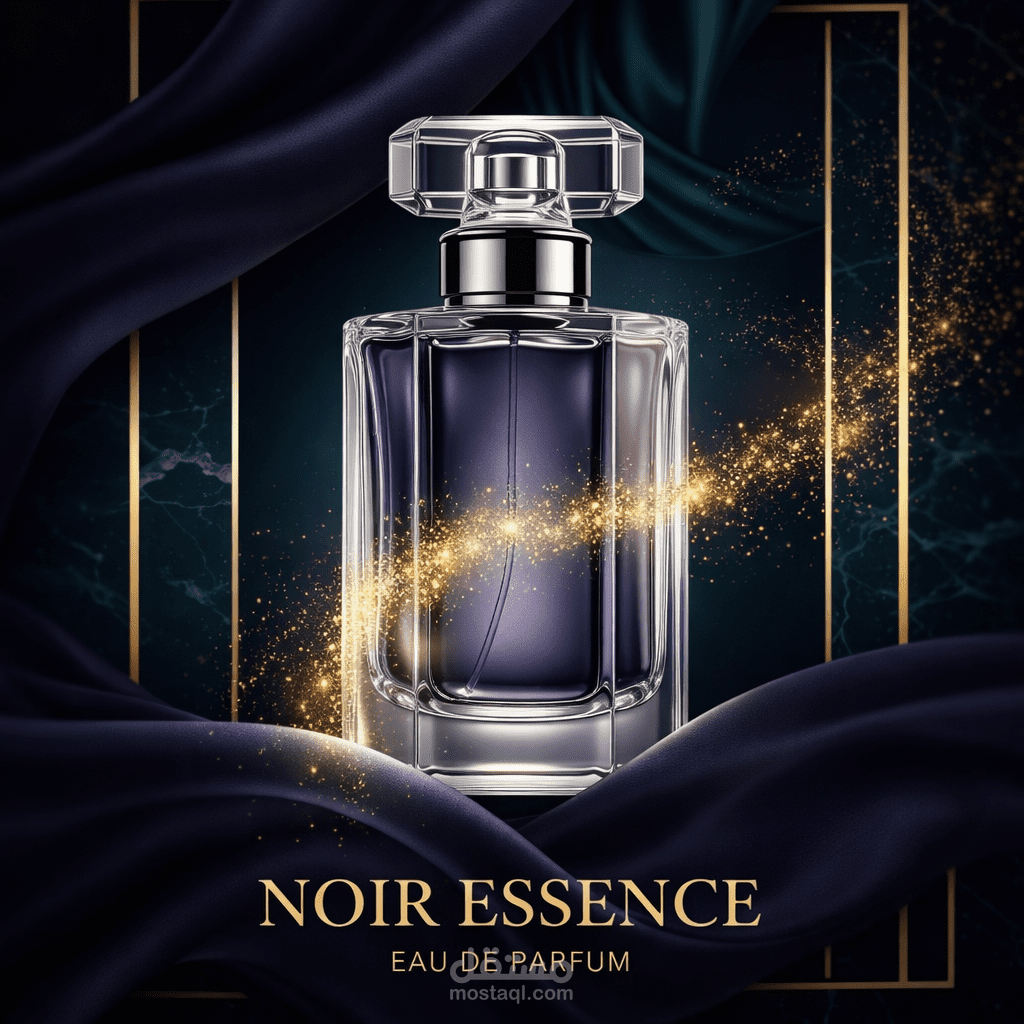 تصميم إعلان تجاري فاخر لعطر بأسلوب بصري حديث يركز على إبراز المنتج كرمز للأناقة والرفاهية، باستخدام إضاءة سينمائية وخلفيات مظلمة تعزز من جمالية الزجاجة وتفاصيلها، مع الحفاظ على بساطة التكوين البصري وقوة الرسالة التسويقية.