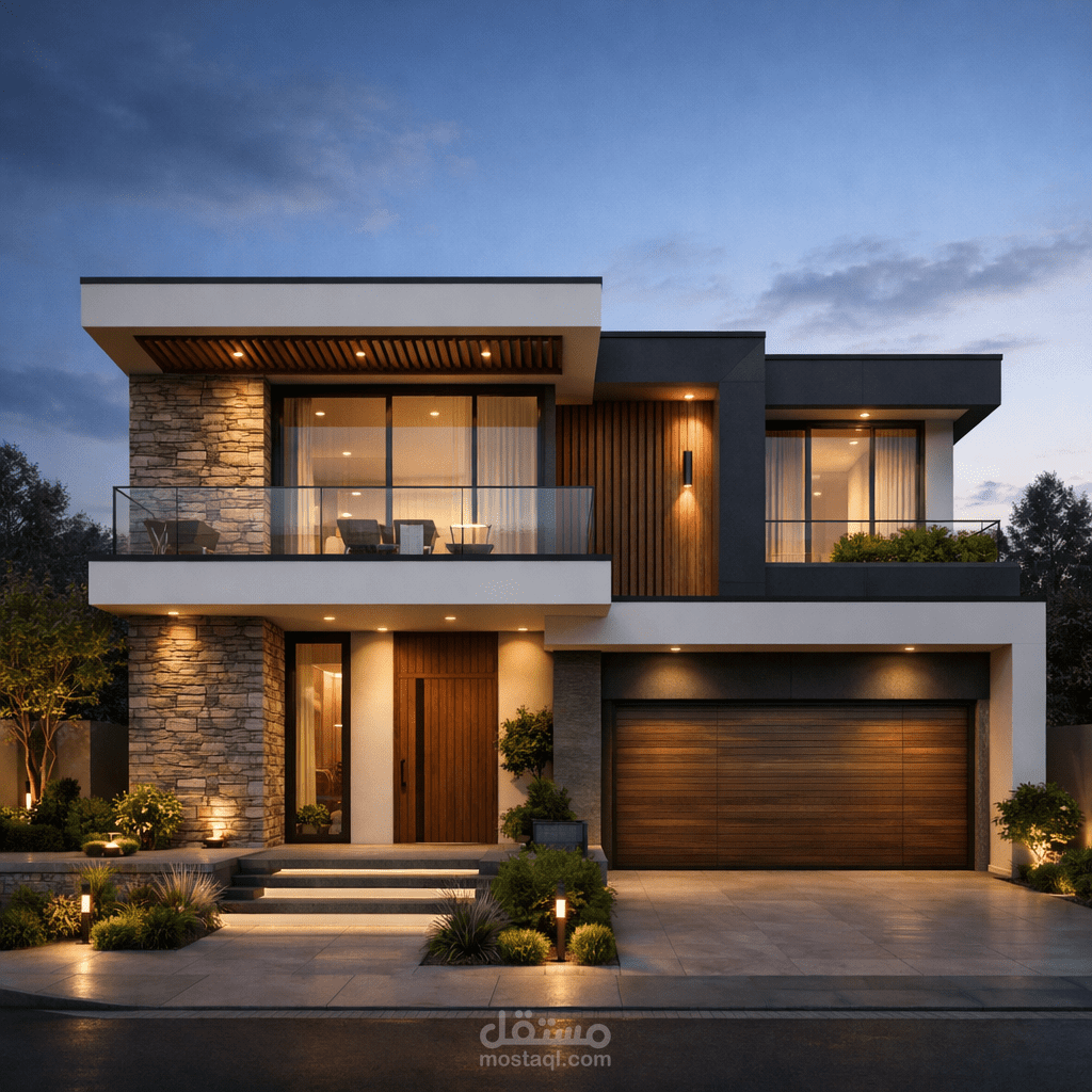 تصميم معماري ثلاثي الأبعاد لواجهة منزل عصري فاخر