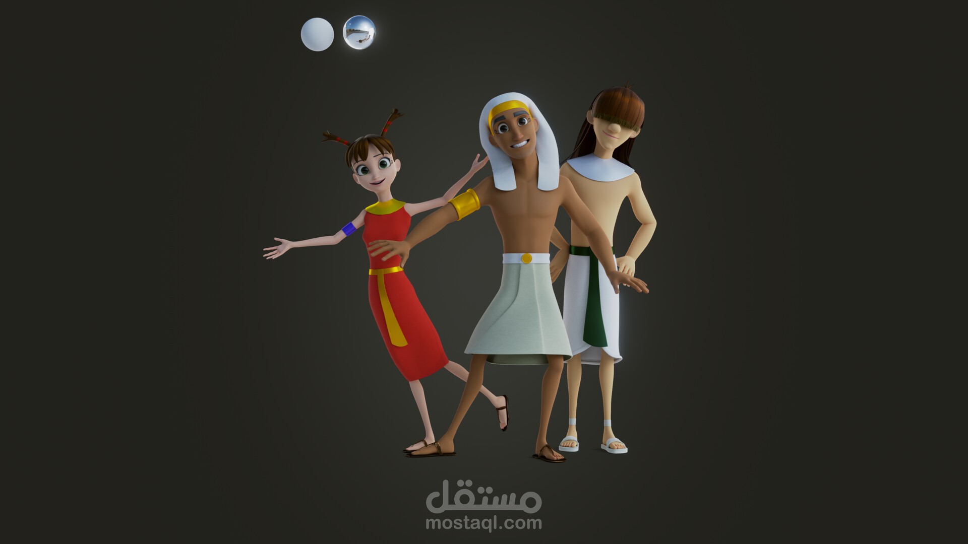 سنوحي، حابي، وتيتي-شيري هم شخصيات كرتونية فرعونية مصرية قديمة، نموذج ثلاثي الأبعاد منخفض التفاصيل