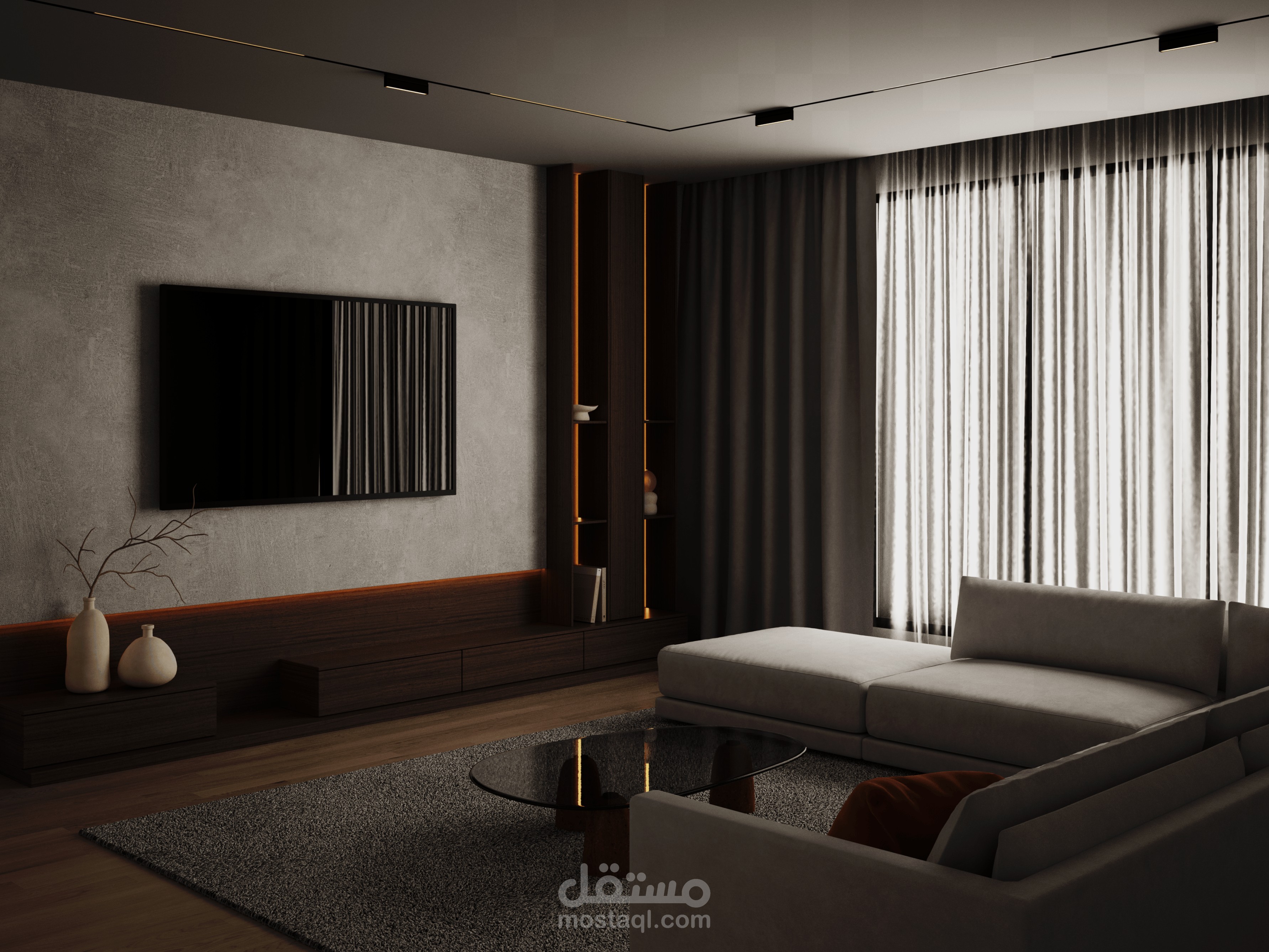 إظهار معماري فوتو-رياليستيك لغرفة معيشة دافئة ومرحبة | تصميم داخلي متكامل