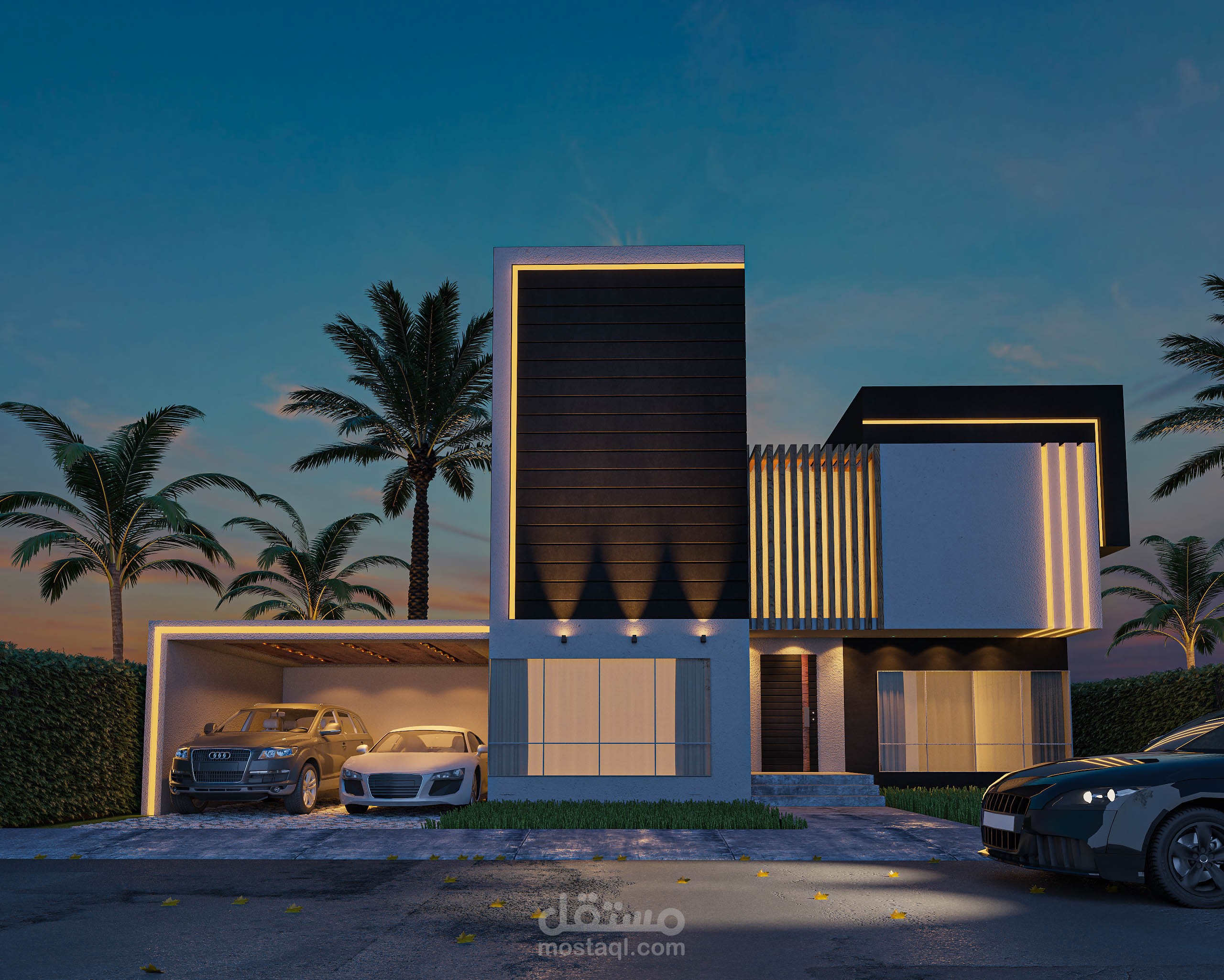 تصميم فيلا فاخرة مع إظهار معماري فوتو-رياليستيك لواجهة رئيسية متعددة الظروف | رندر خارجي عالي الجودة