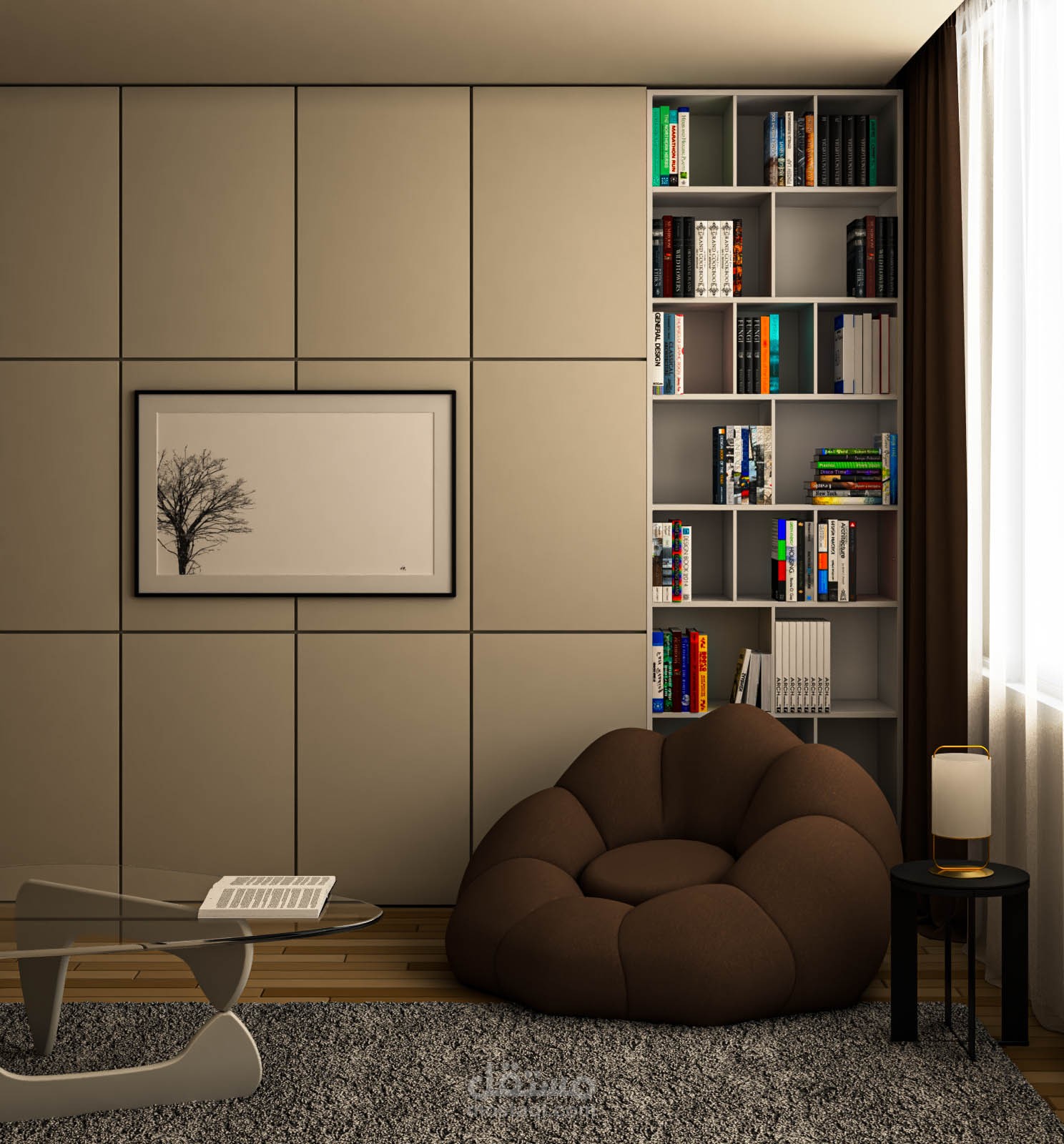 إظهار معماري فوتو-رياليستيك لغرفة قراءة هادئة ومريحة | تصميم داخلي مخصص لعشاق الكتب