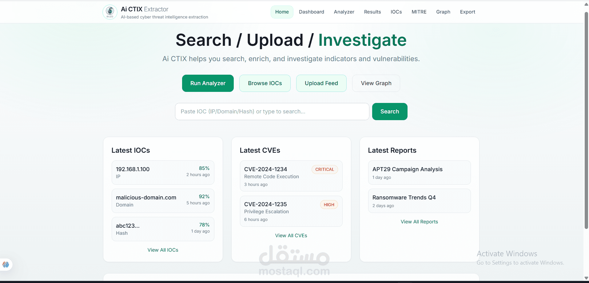 تطبيق ويب (Next.js) لتحليل تقارير Cyber Threat Intelligence واستخراج IoCs مع عرض النتائج والـ Graph (Demo)